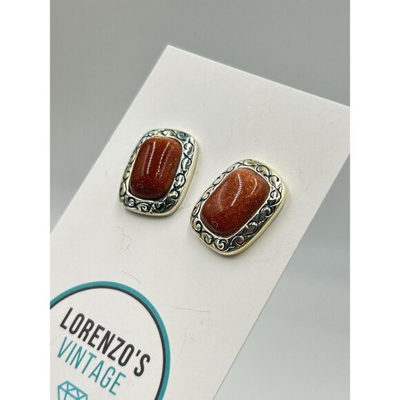 Vintage Goldstone & Sterling Silver Stud Earrings Pierced Retangular Studs - Picture 6 of 7